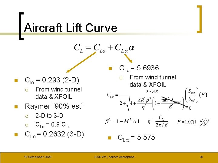 Aircraft Lift Curve n n n From wind tunnel data & XFOIL Raymer “