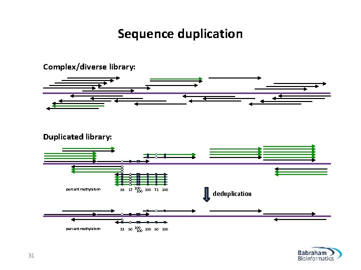 Sequence duplication Complex/diverse library: Duplicated library: 31 percent methylation 55 17 100 100 71