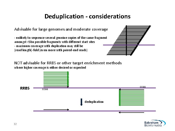 Deduplication - considerations Advisable for large genomes and moderate coverage - unlikely to sequence
