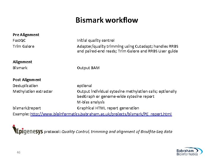 Bismark workflow Pre Alignment Fast. QC Trim Galore Alignment Bismark Initial quality control Adapter/quality