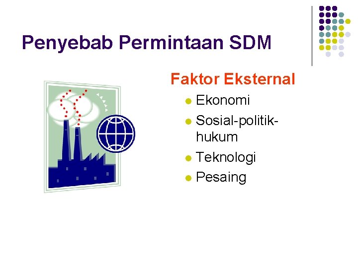 Penyebab Permintaan SDM Faktor Eksternal Ekonomi l Sosial-politikhukum l Teknologi l Pesaing l 