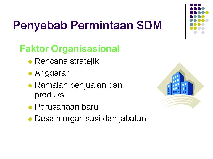 Penyebab Permintaan SDM Faktor Organisasional Rencana stratejik l Anggaran l Ramalan penjualan dan produksi