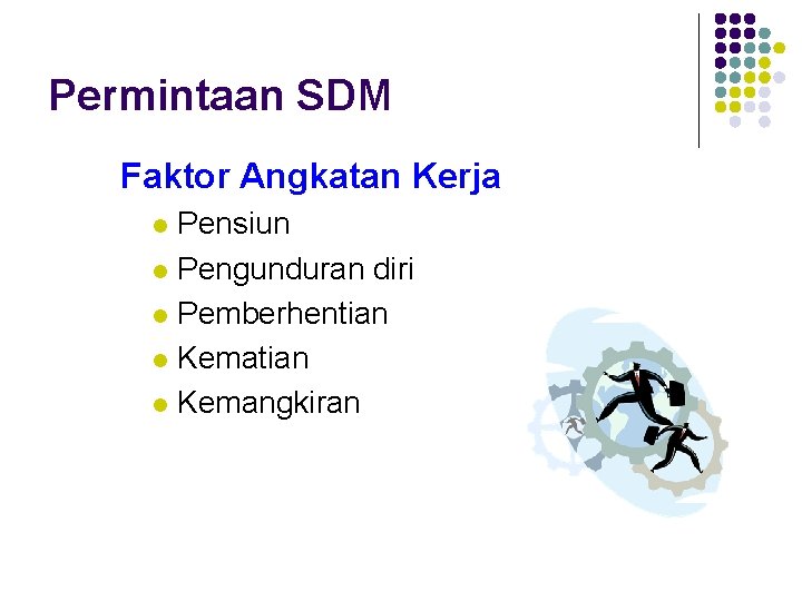 Permintaan SDM Faktor Angkatan Kerja Pensiun l Pengunduran diri l Pemberhentian l Kemangkiran l