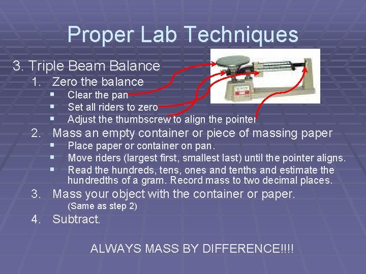 Proper Lab Techniques 3. Triple Beam Balance 1. Zero the balance § Clear the