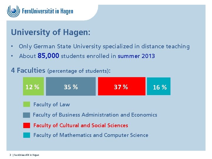 University of Hagen: • Only German State University specialized in distance teaching • About