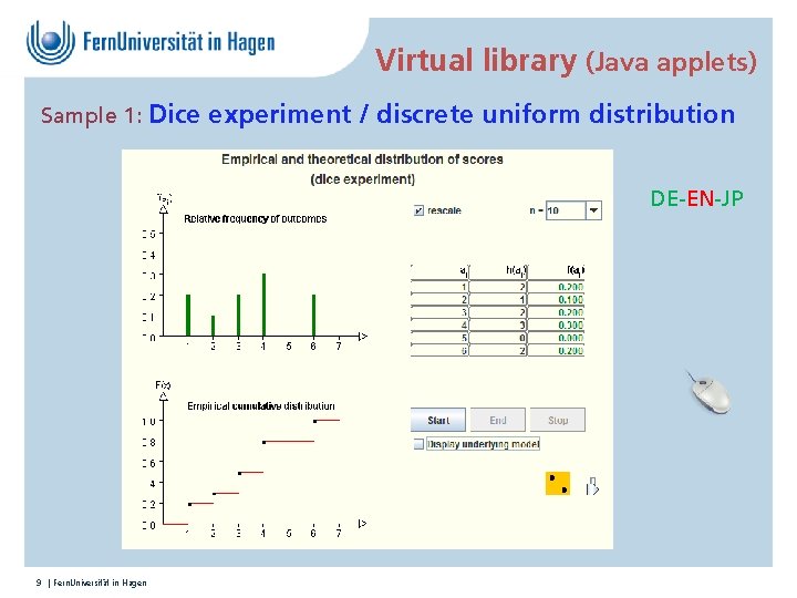 Virtual library (Java applets) Sample 1: Dice experiment / discrete uniform distribution DE-EN-JP 9