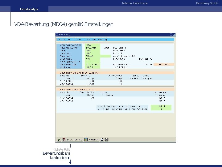 Interne Liefertreue Einzelanalyse VDA-Bewertung (MD 04) gemäß Einstellungen nächste Folie Bewertungsbasis kontrollieren Bensberg Gmb.