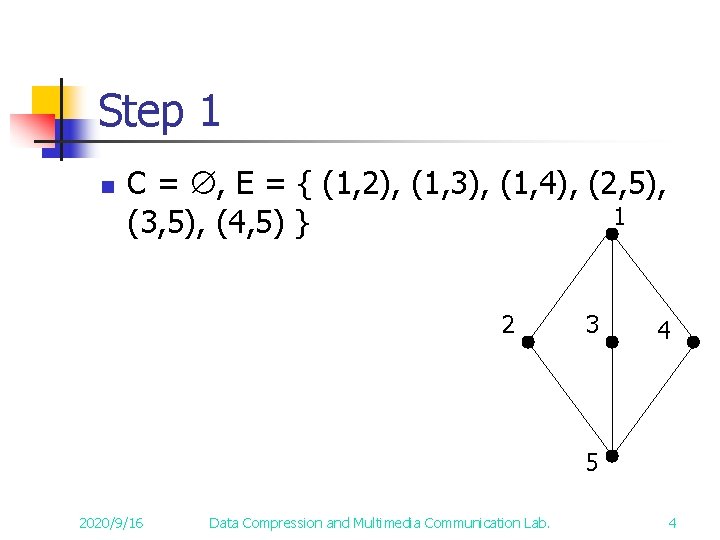 Step 1 n C = , E = { (1, 2), (1, 3), (1,