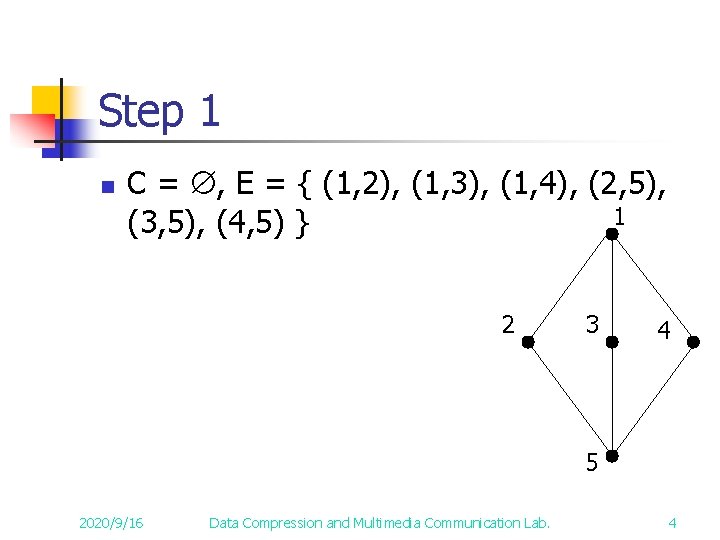 Step 1 n C = , E = { (1, 2), (1, 3), (1, Step 1 n C = , E = { (1, 2), (1, 3), (1,