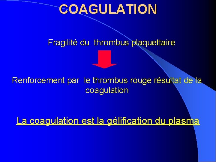 COAGULATION Fragilité du thrombus plaquettaire Renforcement par le thrombus rouge résultat de la coagulation