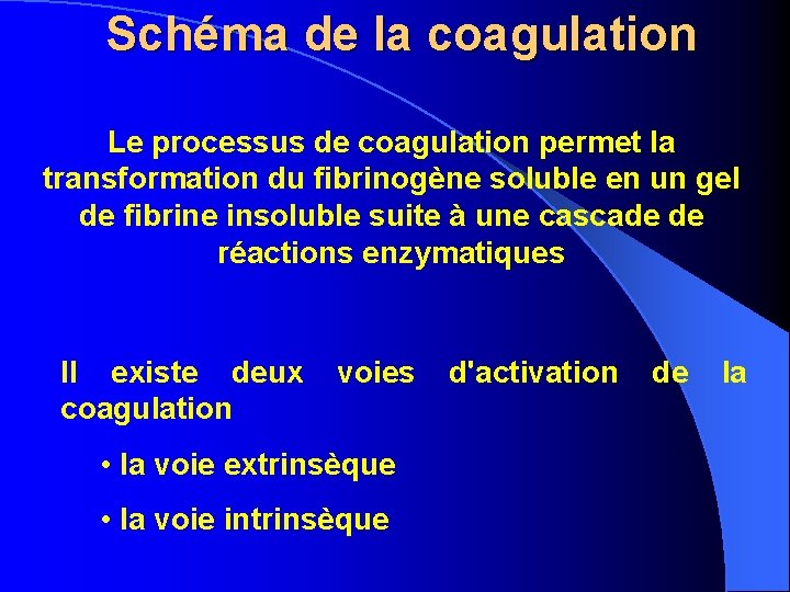 Schéma de la coagulation Le processus de coagulation permet la transformation du fibrinogène soluble