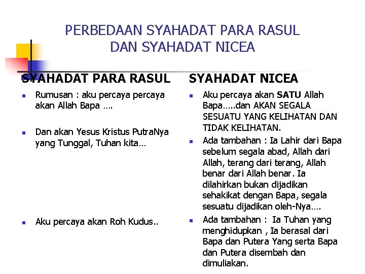 PERBEDAAN SYAHADAT PARA RASUL DAN SYAHADAT NICEA SYAHADAT PARA RASUL n n n Rumusan