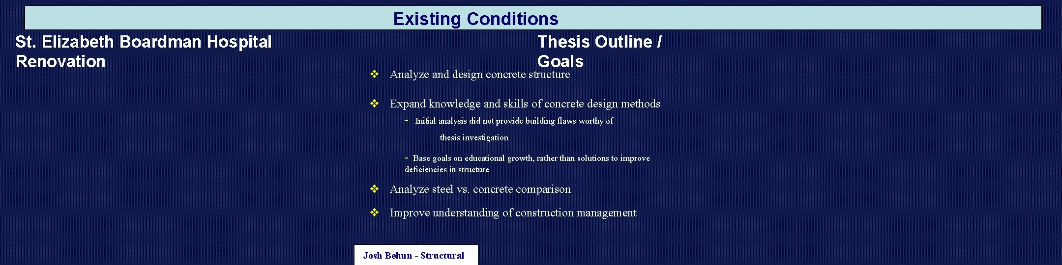 Existing Conditions St. Elizabeth Boardman Hospital Renovation Thesis Outline / Goals v Analyze and