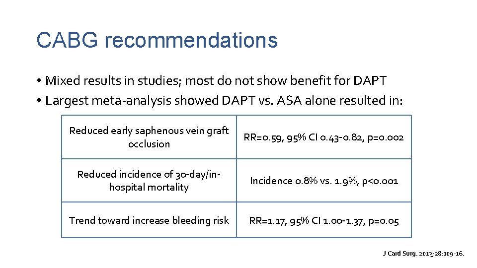 CABG recommendations • Mixed results in studies; most do not show benefit for DAPT