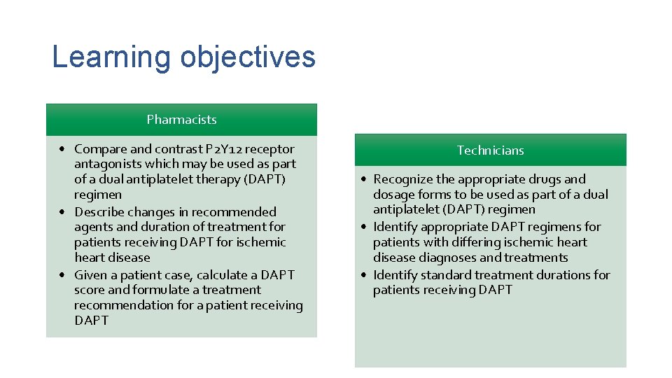 Learning objectives Pharmacists • Compare and contrast P 2 Y 12 receptor antagonists which