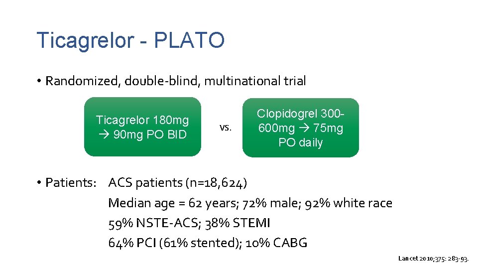 Ticagrelor - PLATO • Randomized, double-blind, multinational trial Ticagrelor 180 mg 90 mg PO