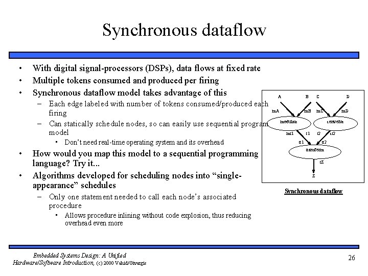 Synchronous dataflow • • • With digital signal-processors (DSPs), data flows at fixed rate