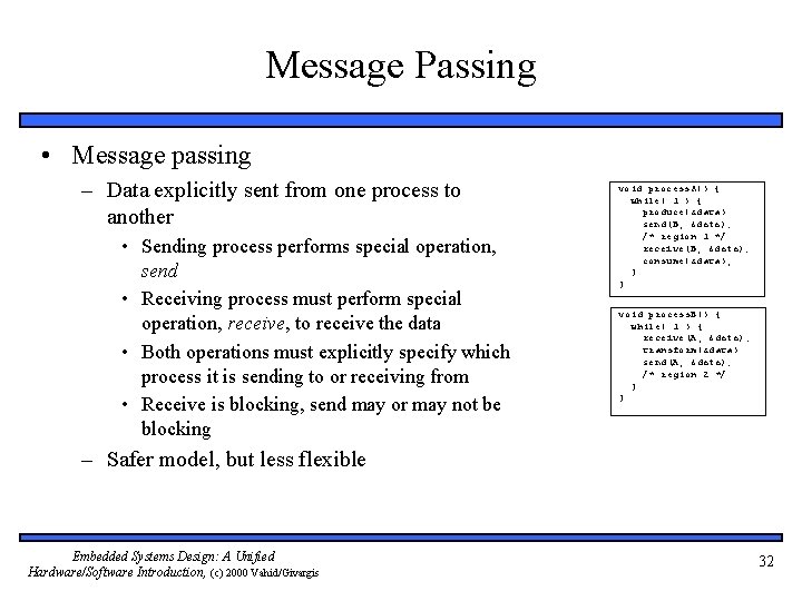 Message Passing • Message passing – Data explicitly sent from one process to another
