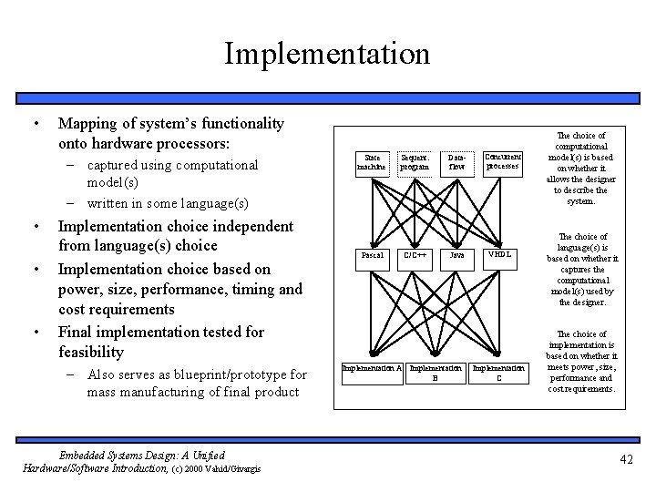 Implementation • Mapping of system’s functionality onto hardware processors: – captured using computational model(s)