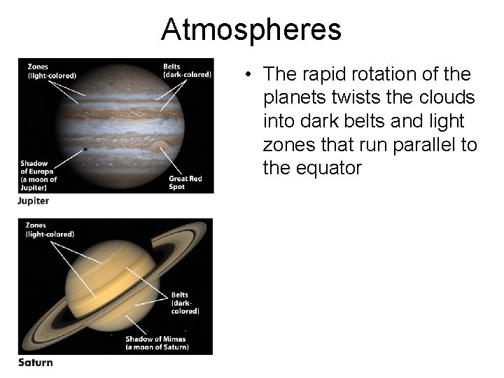 Atmospheres • The rapid rotation of the planets twists the clouds into dark belts