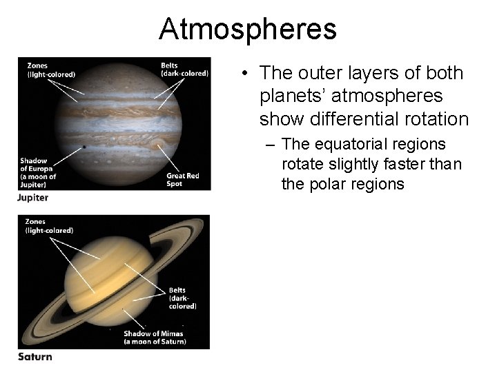 Atmospheres • The outer layers of both planets’ atmospheres show differential rotation – The