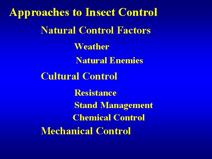 Approaches to Insect Control Natural Control Factors Weather Natural Enemies Cultural Control Resistance Stand