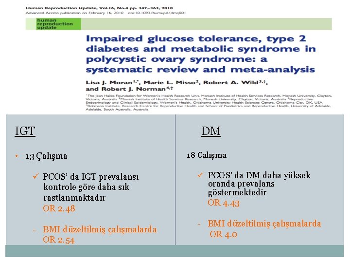 IGT • 13 Çalışma ü PCOS’ da IGT prevalansı kontrole göre daha sık rastlanmaktadır