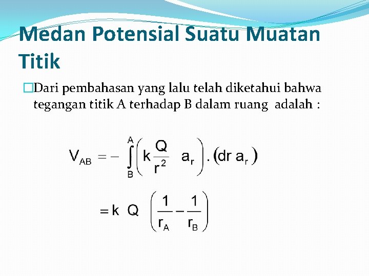 Medan Potensial Suatu Muatan Titik �Dari pembahasan yang lalu telah diketahui bahwa tegangan titik Medan Potensial Suatu Muatan Titik �Dari pembahasan yang lalu telah diketahui bahwa tegangan titik