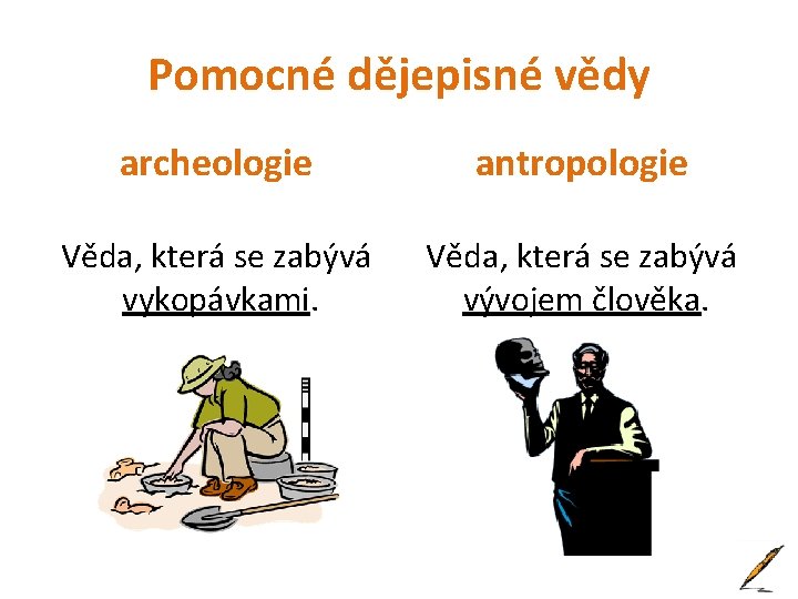 Pomocné dějepisné vědy archeologie antropologie Věda, která se zabývá vykopávkami. Věda, která se zabývá
