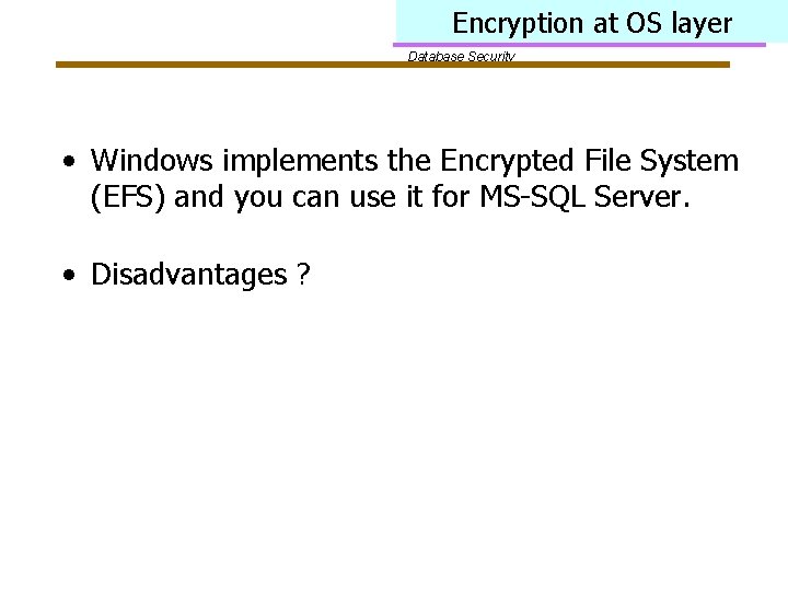 Encryption at OS layer Database Security • Windows implements the Encrypted File System (EFS)