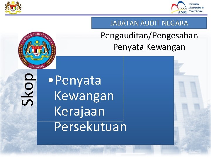 JABATAN AUDIT NEGARA Skop Pengauditan/Pengesahan Penyata Kewangan • Penyata Kewangan Kerajaan Persekutuan JABATAN AUDIT NEGARA Skop Pengauditan/Pengesahan Penyata Kewangan • Penyata Kewangan Kerajaan Persekutuan