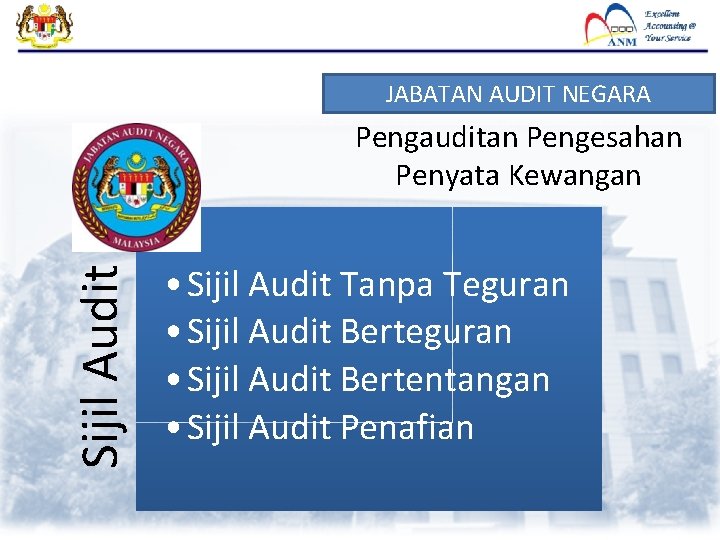 JABATAN AUDIT NEGARA Sijil Audit Pengauditan Pengesahan Penyata Kewangan • Sijil Audit Tanpa Teguran