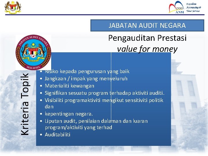 JABATAN AUDIT NEGARA Kriteria Topik Pengauditan Prestasi value for money • • • Risiko JABATAN AUDIT NEGARA Kriteria Topik Pengauditan Prestasi value for money • • • Risiko
