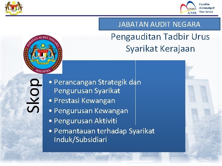 JABATAN AUDIT NEGARA Skop Pengauditan Tadbir Urus Syarikat Kerajaan • Perancangan Strategik dan Pengurusan JABATAN AUDIT NEGARA Skop Pengauditan Tadbir Urus Syarikat Kerajaan • Perancangan Strategik dan Pengurusan