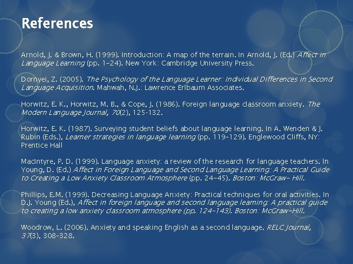 References Arnold, J. & Brown, H. (1999). Introduction: A map of the terrain. In