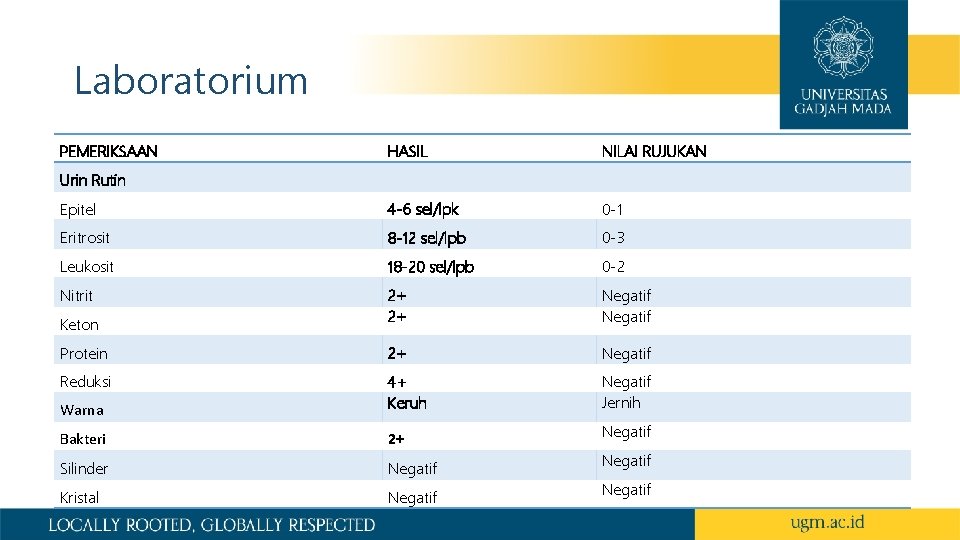 Laboratorium PEMERIKSAAN HASIL NILAI RUJUKAN Epitel 4 -6 sel/lpk 0 -1 Eritrosit 8 -12