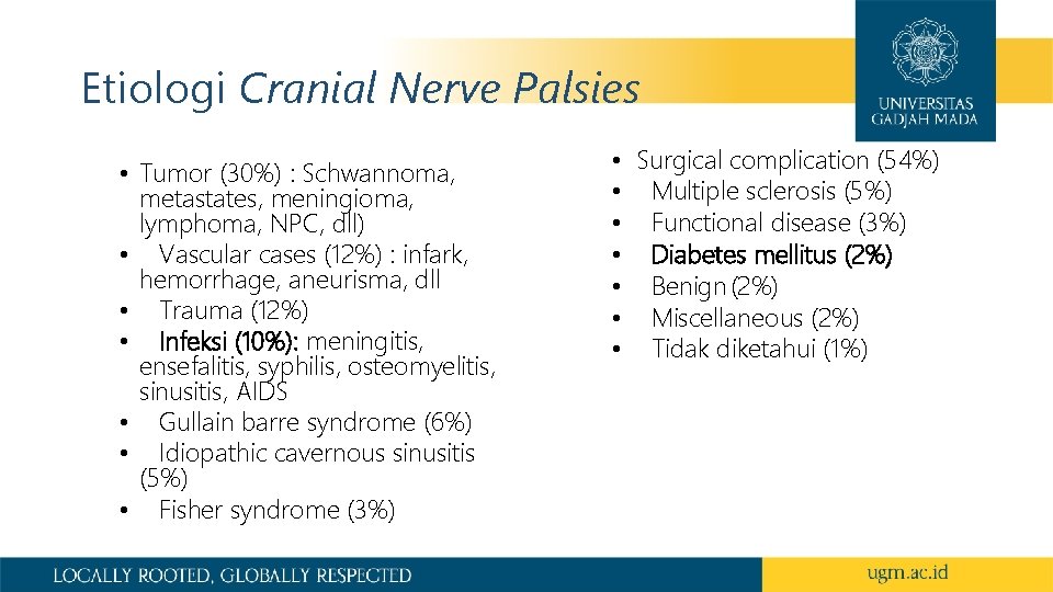 Etiologi Cranial Nerve Palsies • Tumor (30%) : Schwannoma, metastates, meningioma, lymphoma, NPC, dll)