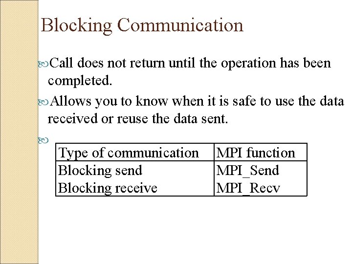  Blocking Communication Call does not return until the operation has been completed. Allows