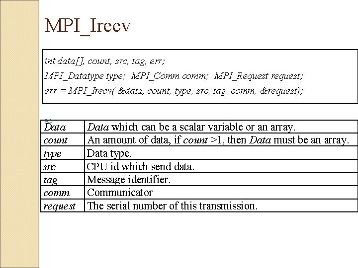  MPI_Irecv int data[], count, src, tag, err; MPI_Datatype; MPI_Comm comm; MPI_Request request; err