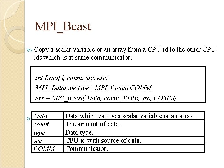 MPI_Bcast Copy a scalar variable or an array from a CPU id to the