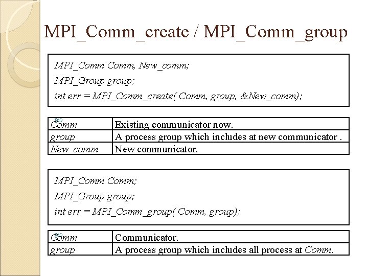 MPI_Comm_create / MPI_Comm_group MPI_Comm, New_comm; MPI_Group group; int err = MPI_Comm_create( Comm, group, &New_comm);