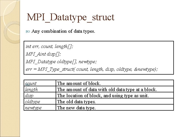 MPI_Datatype_struct Any combination of data types. int err, count, length[]; MPI_Aint disp[]; MPI_Datatype oldtype[],