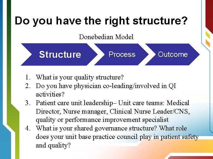 Do you have the right structure? Donebedian Model Structure Process Outcome 1. What is