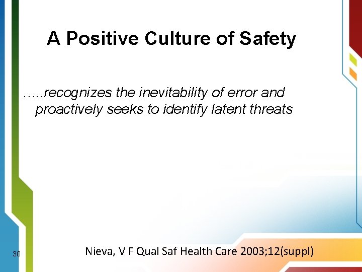 A Positive Culture of Safety …. . recognizes the inevitability of error and proactively