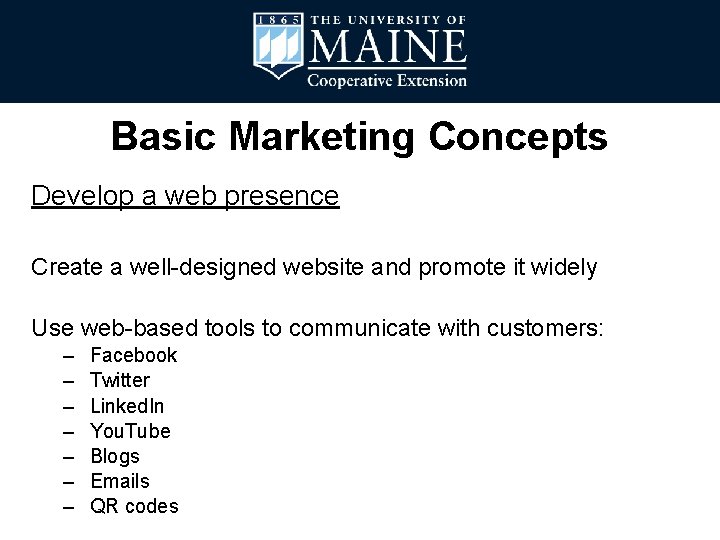 Basic Marketing Concepts Develop a web presence Create a well-designed website and promote it