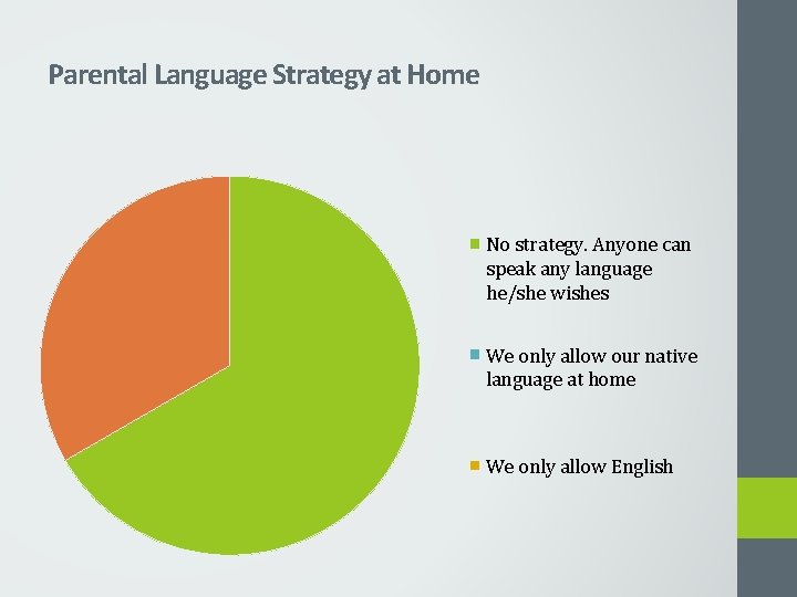 Parental Language Strategy at Home No strategy. Anyone can speak any language he/she wishes