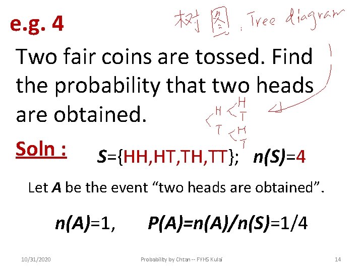 e. g. 4 Two fair coins are tossed. Find the probability that two heads