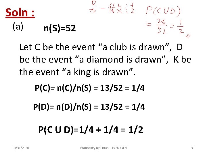 Soln : (a) n(S)=52 Let C be the event “a club is drawn”, D