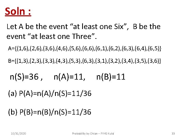 Soln : Let A be the event “at least one Six”, B be the