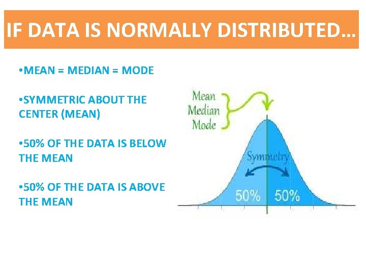 IF DATA IS NORMALLY DISTRIBUTED… • MEAN = MEDIAN = MODE • SYMMETRIC ABOUT